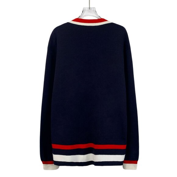 DW0131 Gucci Navy Wool Cardigan With Red & White Trim Gold Buttons Logo - Picture 2 of 7